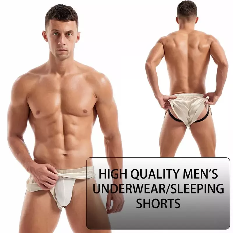 Calções boxer sensuais para homens, boxers esportivos ao ar livre, cuecas gays, shorts de seda, cintura solta, calções de casa, cintura elástica, flash