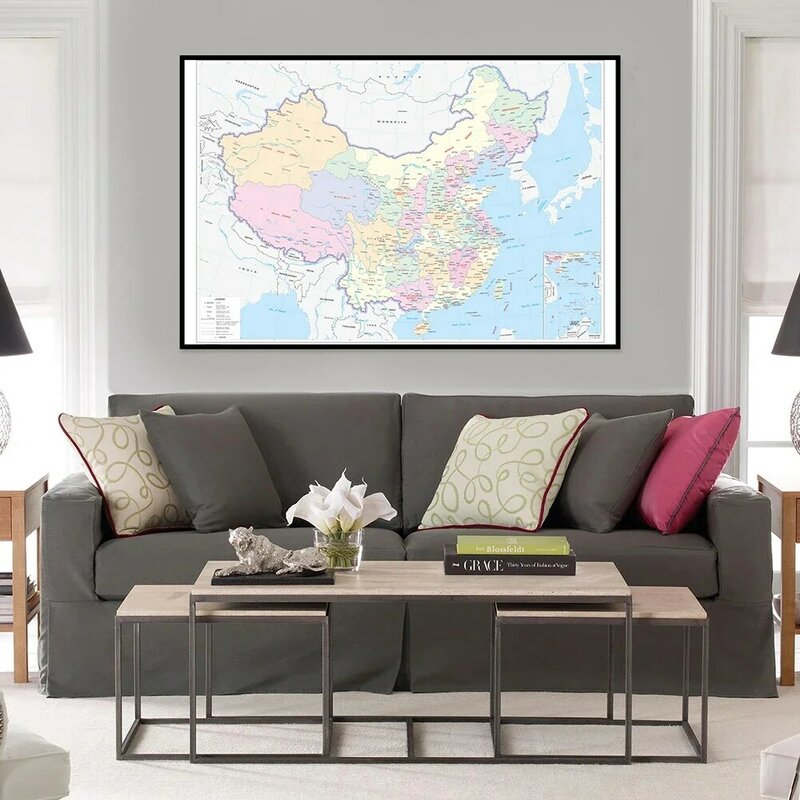 Peta Cina dengan Negara-negara Tetangga Kanvas Versi Horisontal Dalam Gambar Bahasa Inggris Dekorasi Keluarga Perlengkapan Belajar 594*420Mm