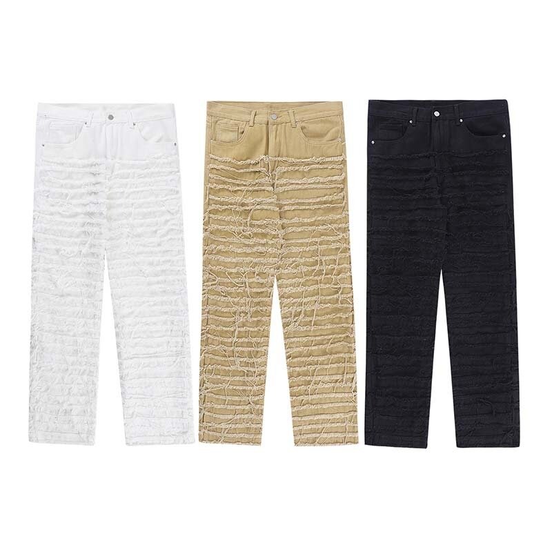 European and American solid color jeans high street patched whiskering jeans loose wide leg personalized slim straight trousers