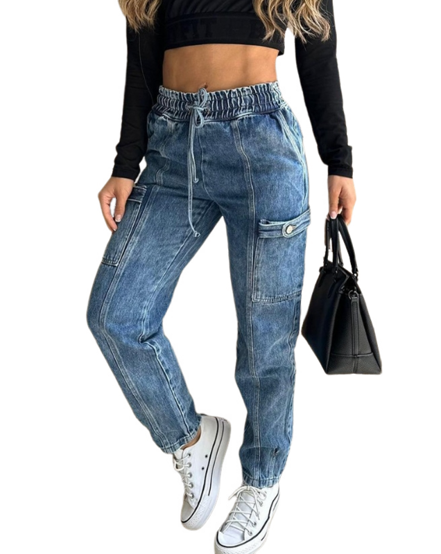 Kasual serbaguna desain saku tali rusuk renda rincian Jeans mode baru penjualan laris 2023 wanita
