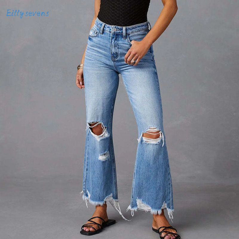 Modne zniszczenia, dziury jeansy z frędzlami o kroju Bootcut damskie codzienne codzienne przycięte spodnie spodnie dżinsowe dojeżdżające do pracy