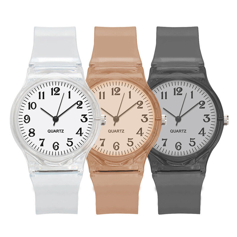 Jam tangan wanita, tali warna permen simpel lingkungan Ultra tipis tali silikon jam tangan santai transparan untuk hadiah wanita