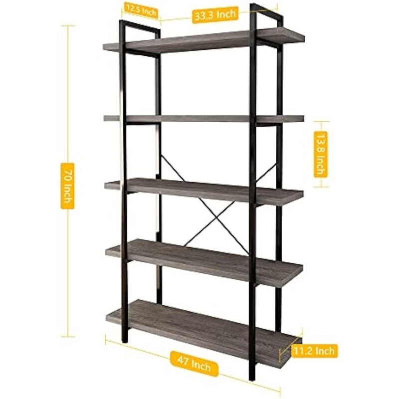 45MinST 5-Tier Vintage Industrial Style Bookcase/Metal and Wood Bookshelf Furniture for Collection, Gray Oak,3/4/5 Tier (5-Tier)