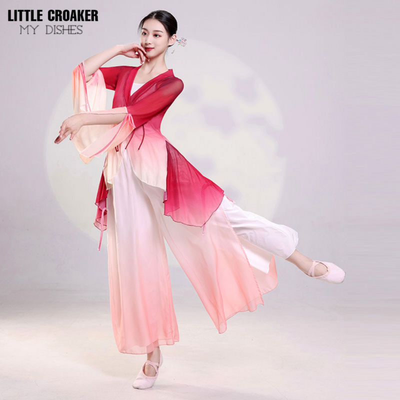 การเต้นรำแบบคลาสสิกเดรสไหมพรมใหม่ชุดฝึกเต้นไล่ระดับสีชุดจีนสำหรับผู้หญิง