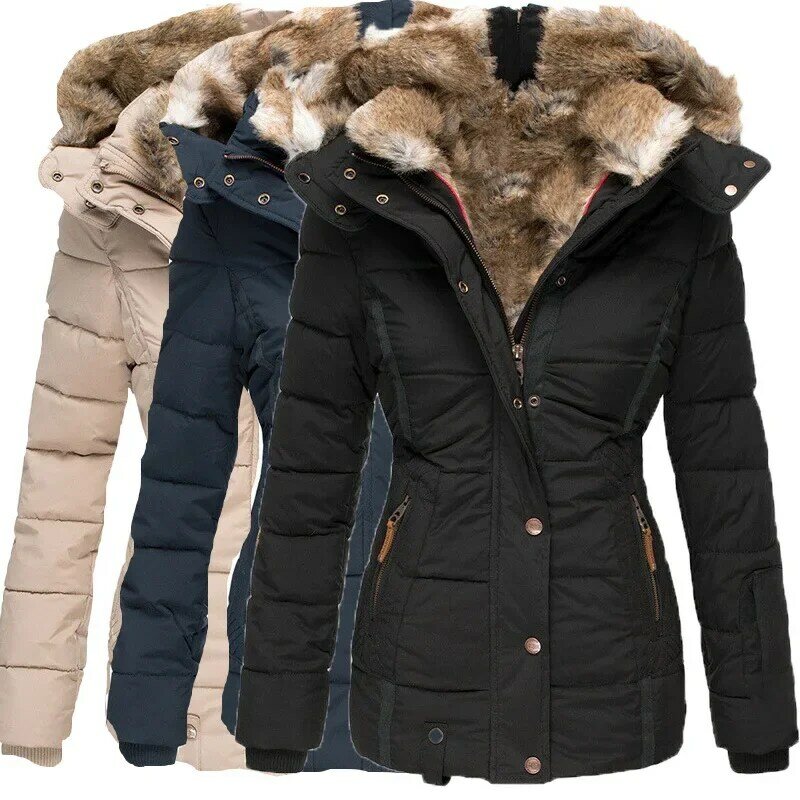 Neuer winter warmer Woll kragen Baumwoll mantel Damen Reiß verschluss Langarm Slim Fit Kapuze Baumwoll mantel Mantel