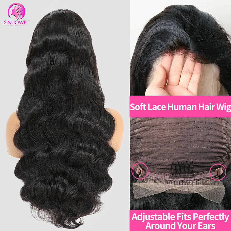 Peruca de onda do corpo com frente transparente do laço, cabelo humano brasileiro, cabelo remy, pré-arrancado, hd, 220%, 13 × 4, à venda