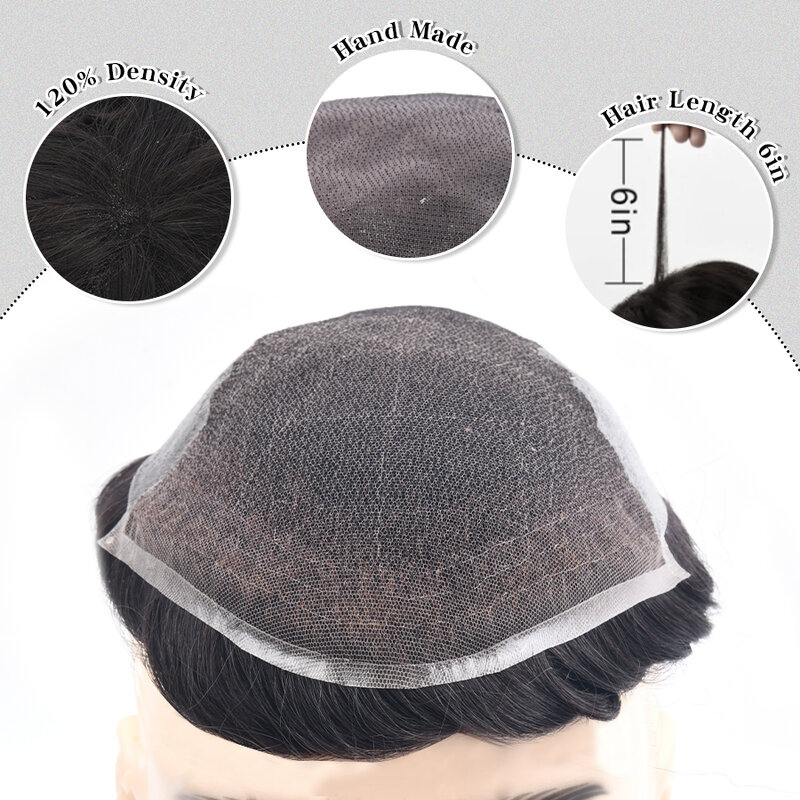 AW Q6 Toupee For Men Lace and PU Base 6'' 100% Human Hair Men's Capillary Prothesis Male Wig Replacement Exhuast Systems Unit