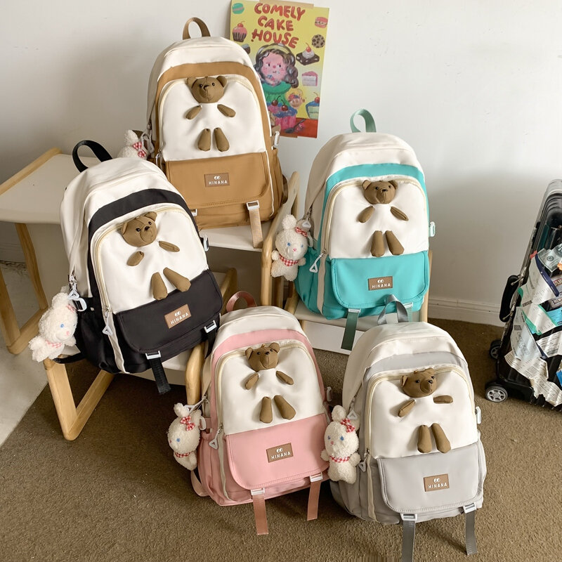 Mochila de boneca urso para meninas, mochila escolar, escola primária, júnior, colegial, juventude mochila de lazer, ornamentos pendurados, moda