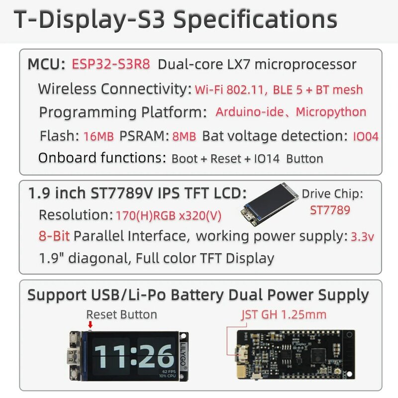 LILYGO® T-Display-S3 ESP32-S3, ST7789 1.9 Cal płyta rozwojowa wyświetlacza LCD, moduł Bluetooth Wi-Fi, Flash 16MB, przycisk niestandardowy
