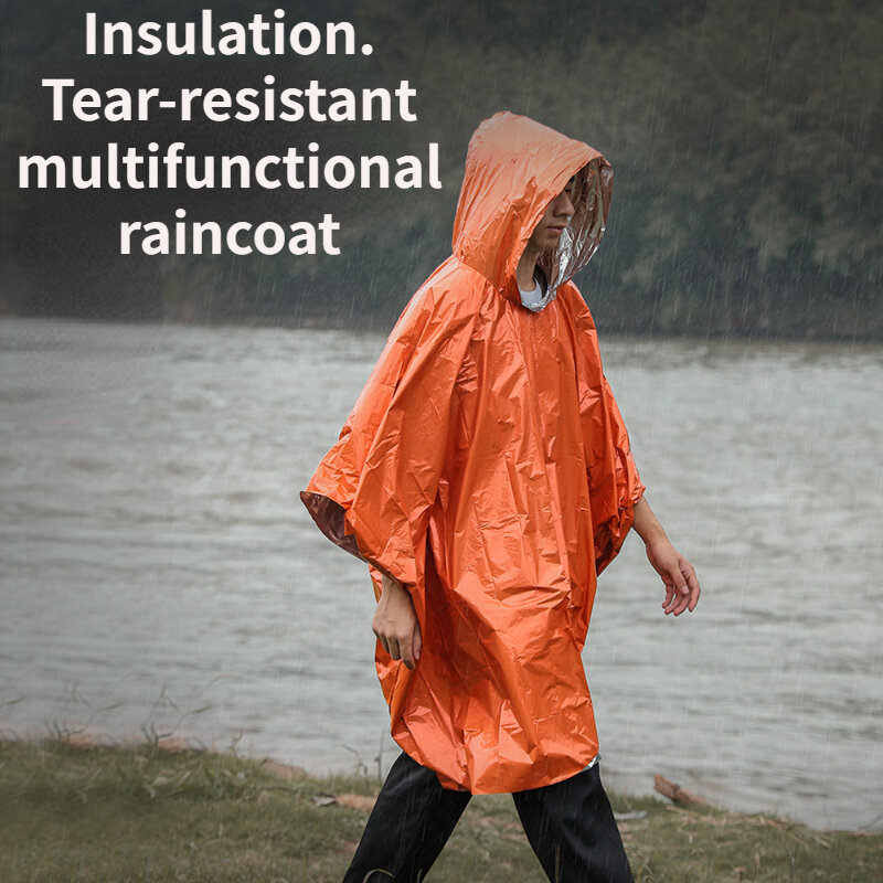 Jas hujan taktis portabel luar ruangan, jas hujan ponco bertudung mendaki panjang dewasa, perlengkapan berkemah reflektif tahan angin memancing