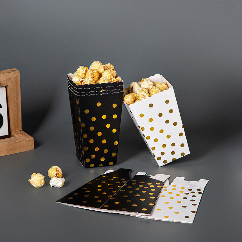 6pcs Paper Popcorn Box Black White Popcorn Paper Box Dot Pop Corn Candy Snack Box Wedding Party Kids Birthday Favor Supplies