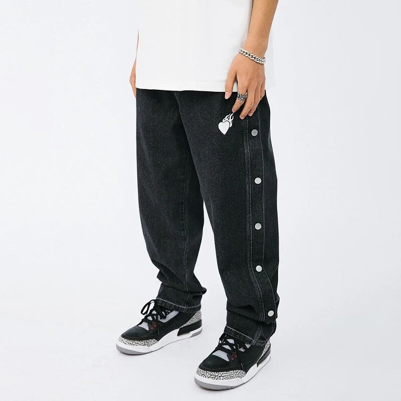 Брюки-карго мужские из денима, модные штаны в стиле оверсайз, с мультяшным граффити, свободные джинсы с широкими штанинами, уличная одежда в стиле хип-хоп и панк, черные
