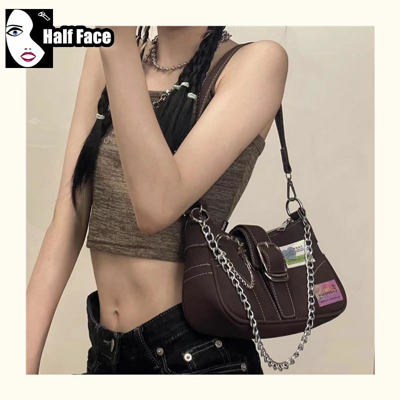 Bolso cruzado de un hombro para mujer, bolsa de mano con diseño avanzado, cadena Lolita, Harajuku, chica picante, gótico, marrón, Punk, Y2K