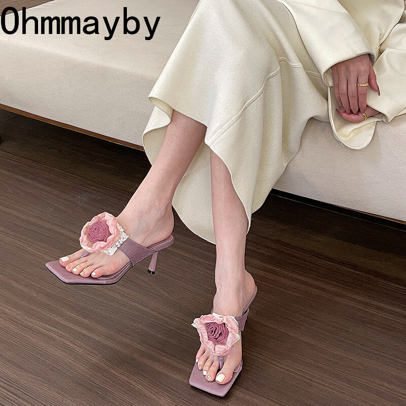 Zapatillas con punta De Clip para Mujer, Sandalias De tacón alto con flores a la moda, zapatos De verano