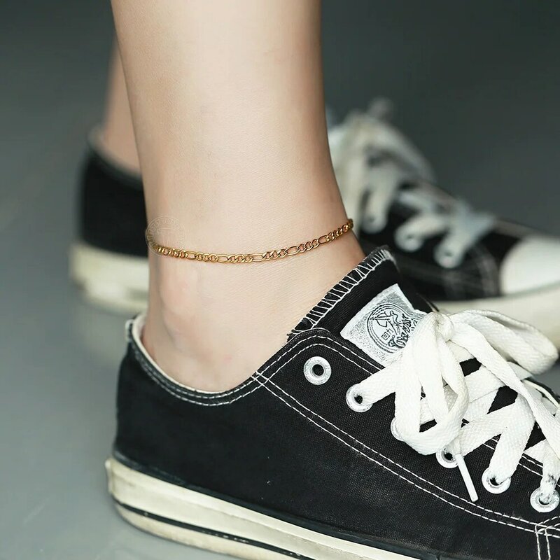 Minimalist Metal Anklets Women Gold Color Stainless Steel Figaro Rope Curb Link Leg Chain Basic Chic Lady Girl Jewelry 10inch