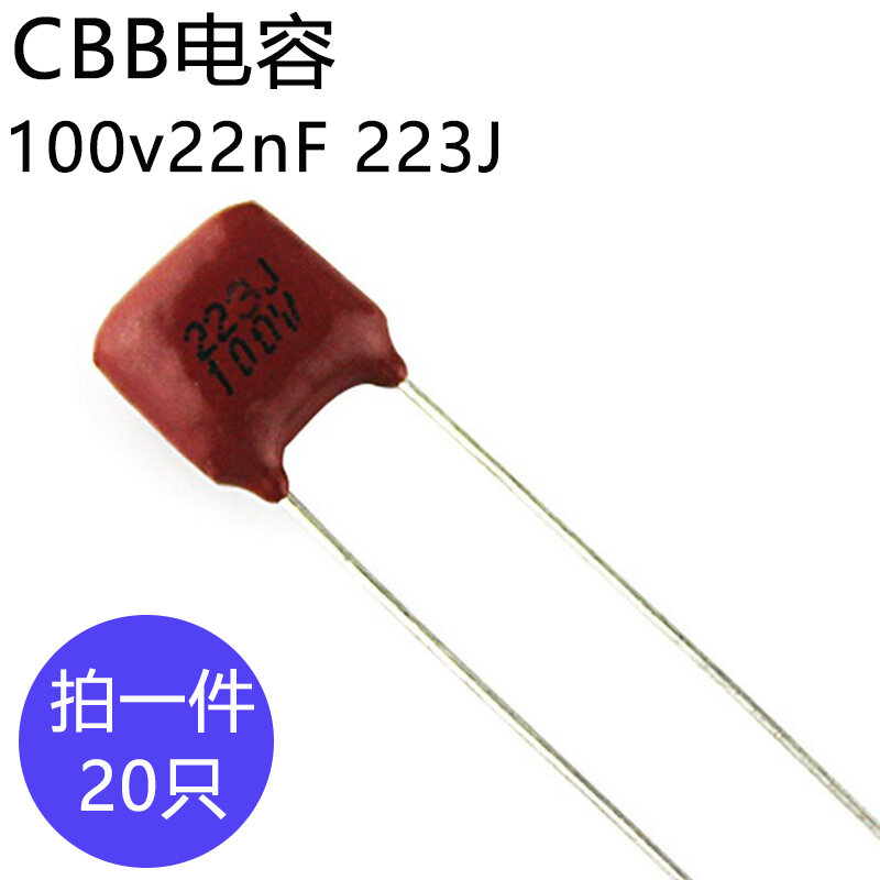 20 pces 100v223j 0.022uf passo 5mm 22nf cbb capacitor de filme polipropileno 100v 223 223j
