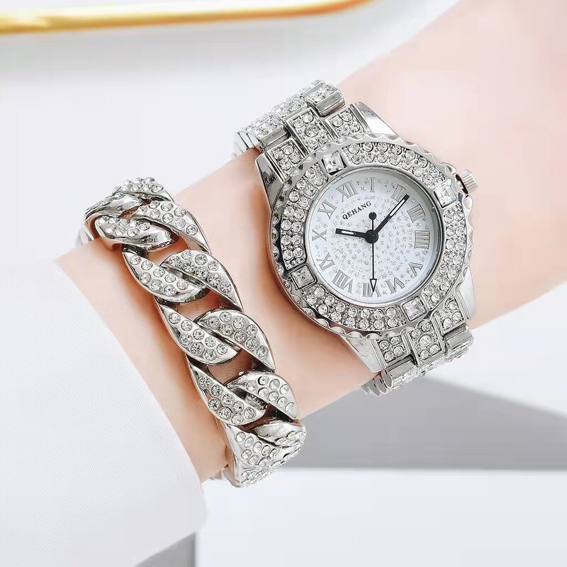 Hip hop Simple Iced Out Watch bracciale a catena cubana per donna Bling Miami Luxury Gold Clock Jewelry Wholesale Relojes Para Mujer