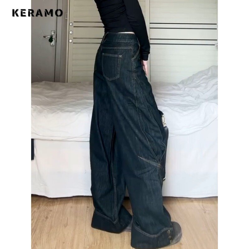 Harajuku vintage Y2K feminino, calça azul de perna larga, calça jeans folgada feminina, estilo moderno, estética, primavera, 2021