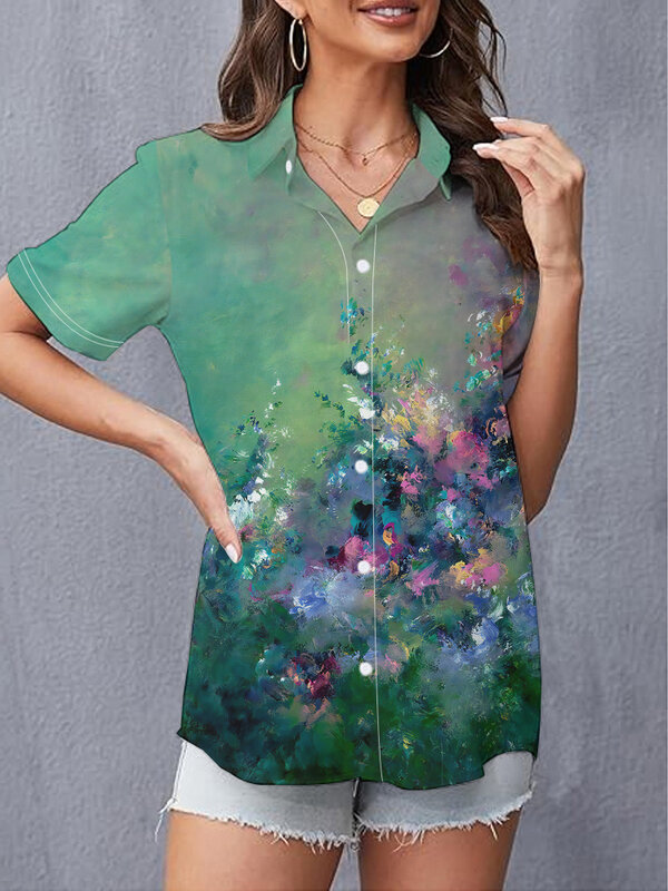 Camicia da donna estiva a maniche corte con risvolto colorato acquerello graffiti 3D camicia con stampa digitale moda allentata top da donna casual
