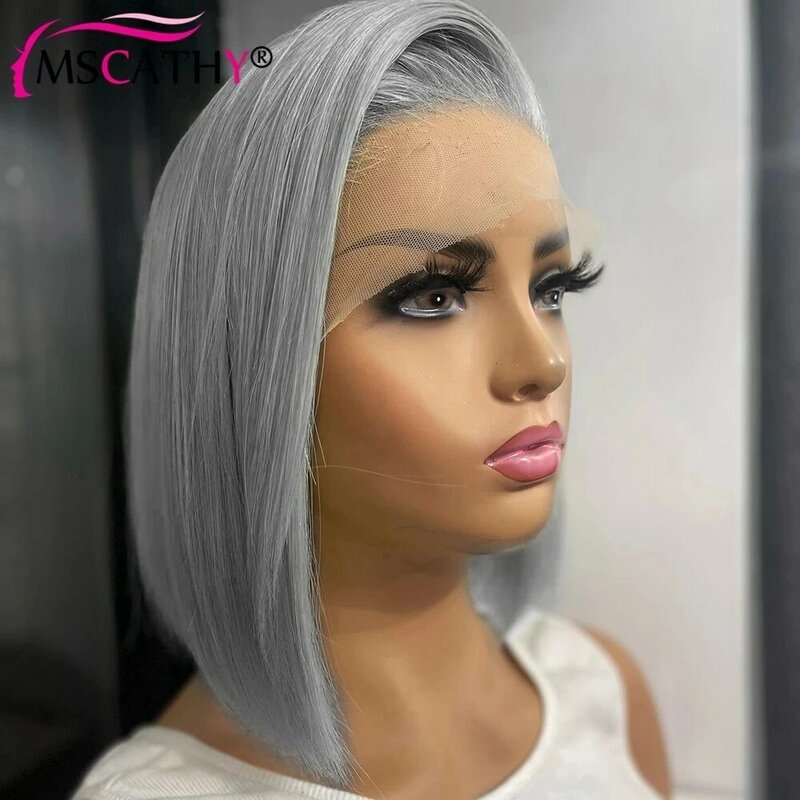 Perruque Bob Lace Front Wig sans colle naturelle Remy, cheveux courts, couleur grise, coupe Pixie, 13x4, pre-plucked, transparente, HD