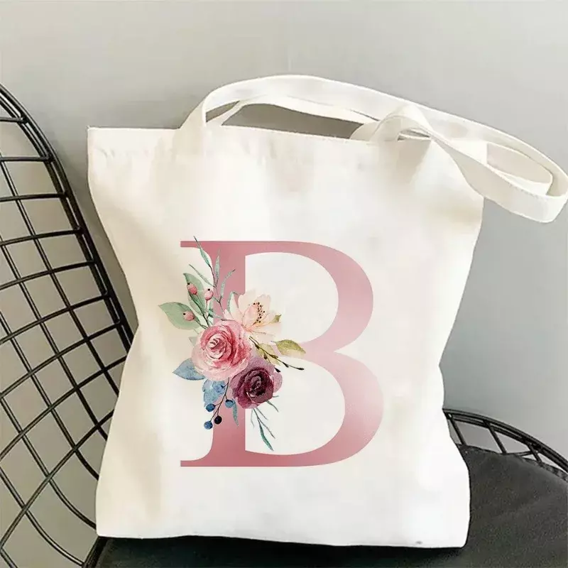 Tas belanja wanita minimalis, tas kanvas, tas bahu huruf bunga merah muda, tas belanja kapasitas besar, dapat digunakan kembali, hadiah perjalanan