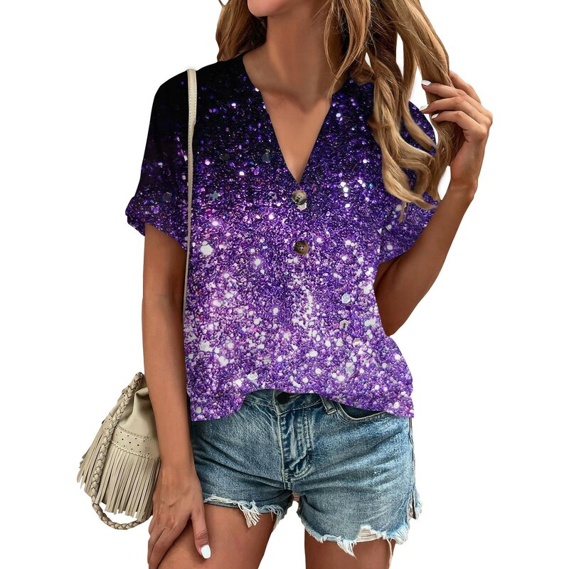 Camiseta con estampado Floral para mujer, Blusa de manga corta con botones trenzados, a la moda, para verano, 2024