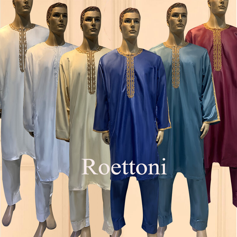 1 Sets Mannen Moslim Jubba Thobe Lange Mouwen Kaftan Abaya Dubai Pakistan Aman Maxi Robe Borduren Bloemen Gebed Jurk met Broek