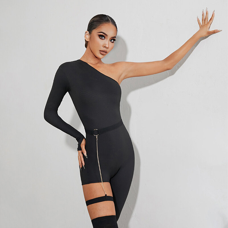 Combinaison de danse latine noire pour femmes, tenue Sexy à une manche avec épaule inclinée, vêtement de danse Rumba Salsa, DNV17152