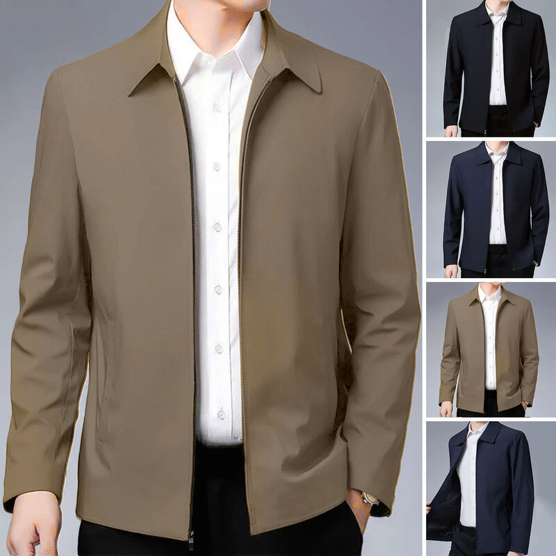 Chaqueta con solapa para hombre de mediana edad, chaqueta elegante con bolsillos de cierre de cremallera para negocios formales o ropa informal, primavera y otoño