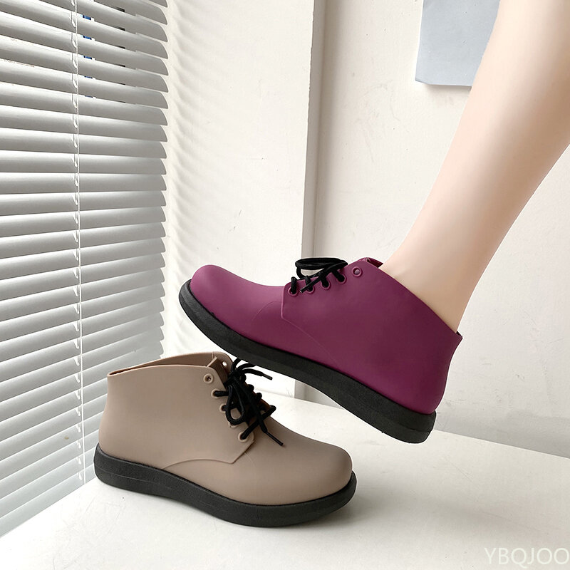 2022 Симпатичные женские резиновые туфли, водонепроницаемые Нескользящие резиновые туфли, женские резиновые сапоги, короткие туфли-лодочки, Корейская резиновая обувь на плоской подошве со шнуровкой