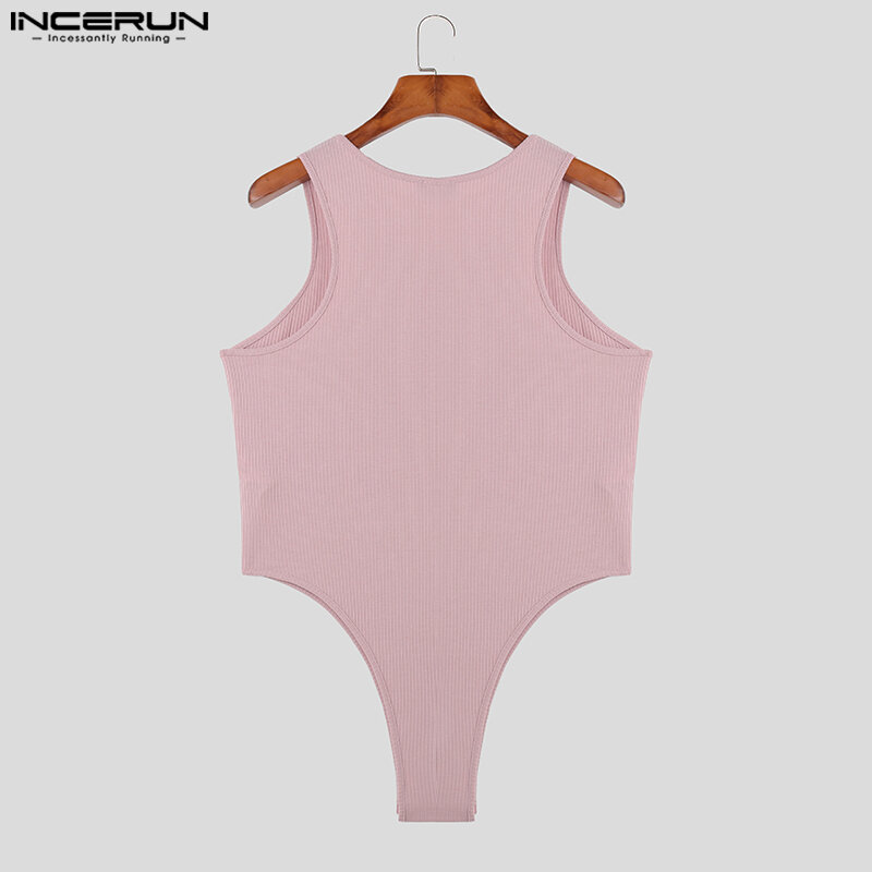 INCERUN 2023 Sexy New Men's Jumpsuits Tight O-Neck Solid Rompers Casual Male Hot Sale Striped Hollow Comfortable Bodysuits S-5XL
