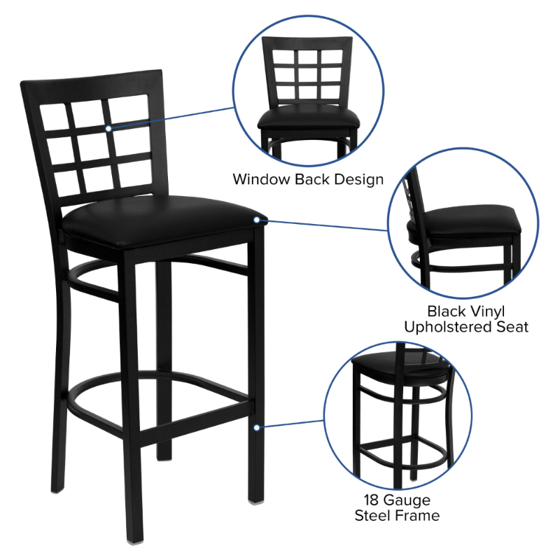 Sgabello da Bar per ristorante in metallo con schienale nero serie BOUSSAC-Set di sgabelli da Bar con sedile in vinile nero di 1