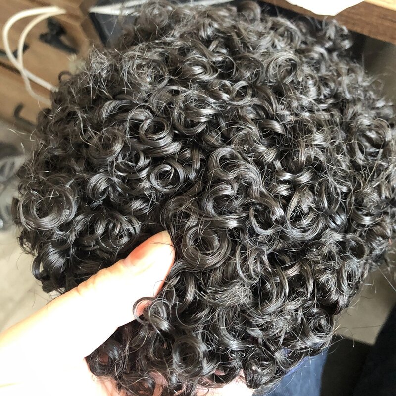 Permed 18mm Men' s Curly Hair Toupee 130Density Fully Skin Durable Long Lasting Hair Replacement Hairpieces Men Wig Prosthesis
