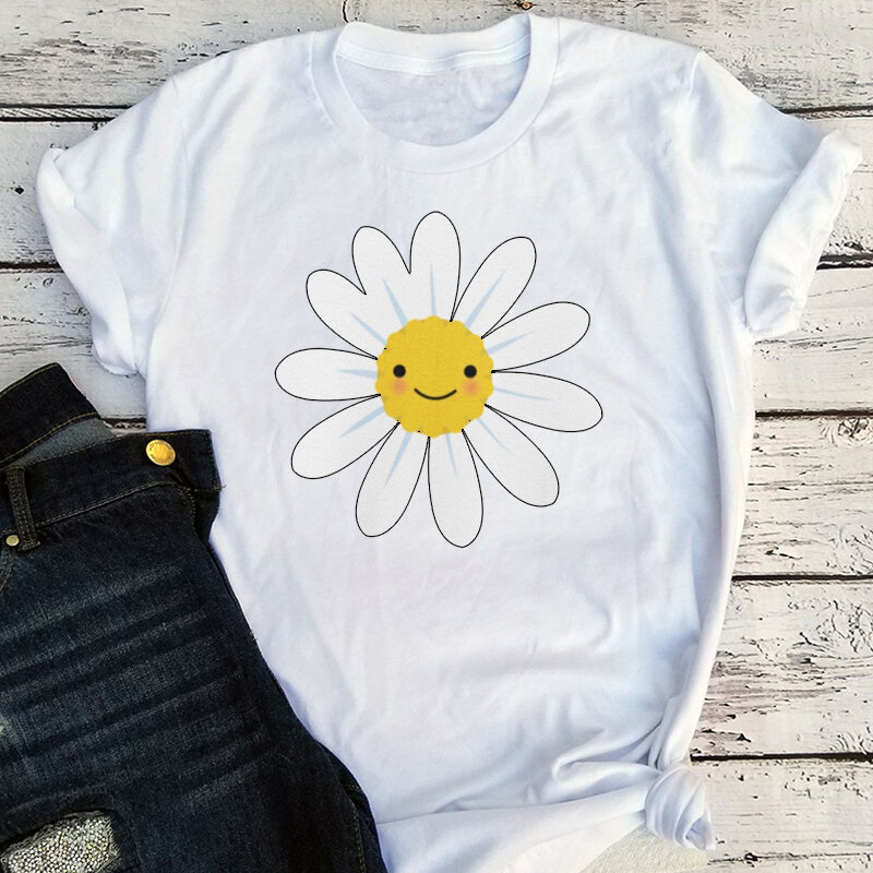 Summer T-Shirt Women Classic Cute Flower Letter Print Female Short Sleeve Tshirts Casual Fashion Tops Vintage Tees