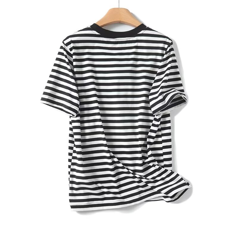 Camiseta com decote em o, manga curta feminina, top retrô, casual, brincalhão, solto, listrado, chique, nova moda, 204