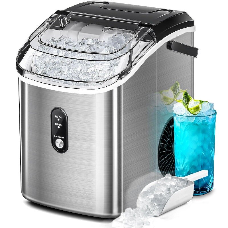 AGLUCKY Nugget Ice Maker Countertop, Portable Pebble Ice Maker Machine, 35lbs/Day Chewable Ice, Self-Cleaning, Stainless Steel