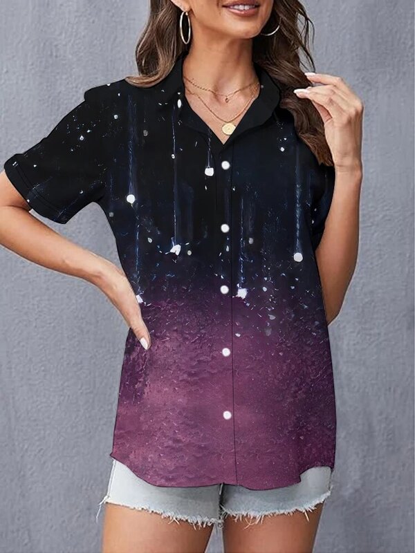 女性用半袖ラペルシャツ,3Dデジタル印刷のルーズシャツ,シンプルでパーソナライズされた,グラデーションスター,夏