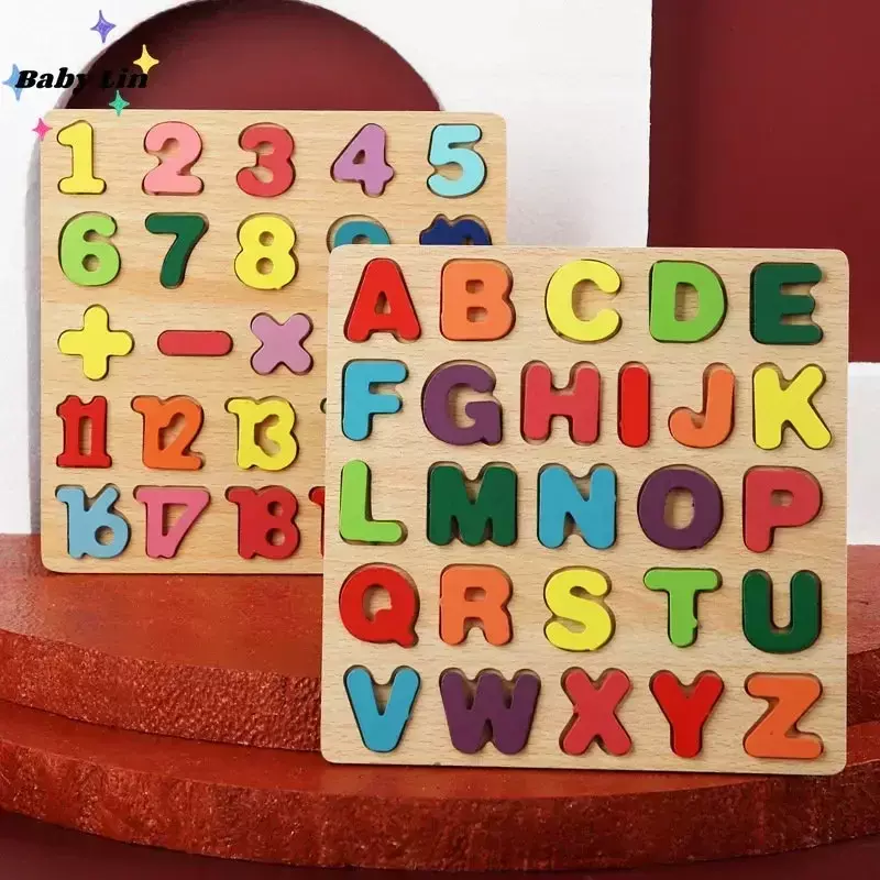 ABC Mainan Kayu Penyortir Bentuk Teka-teki Jigsaw Pembelajaran Awal Angka Alfabet Mainan Bayi Edukasi Prasekolah untuk Anak-anak