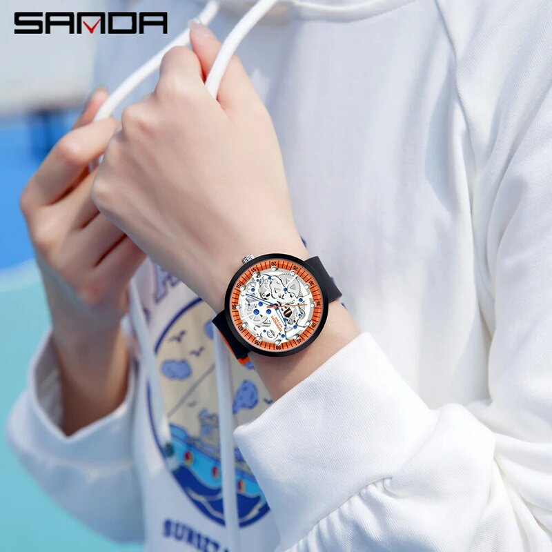 SANDA jam tangan kuarsa modis 3215 merek jam tangan silikon Dial bulat tahan air tali silikon fluoresensi desain jam tangan netral