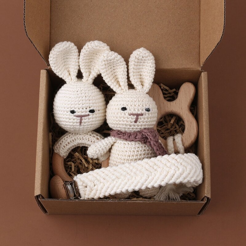 77HD smoczek dla niemowląt grzechotka i klipsy zestaw uchwytów drewniany królik ściskacz drżący zestaw zabawek bezpieczny
