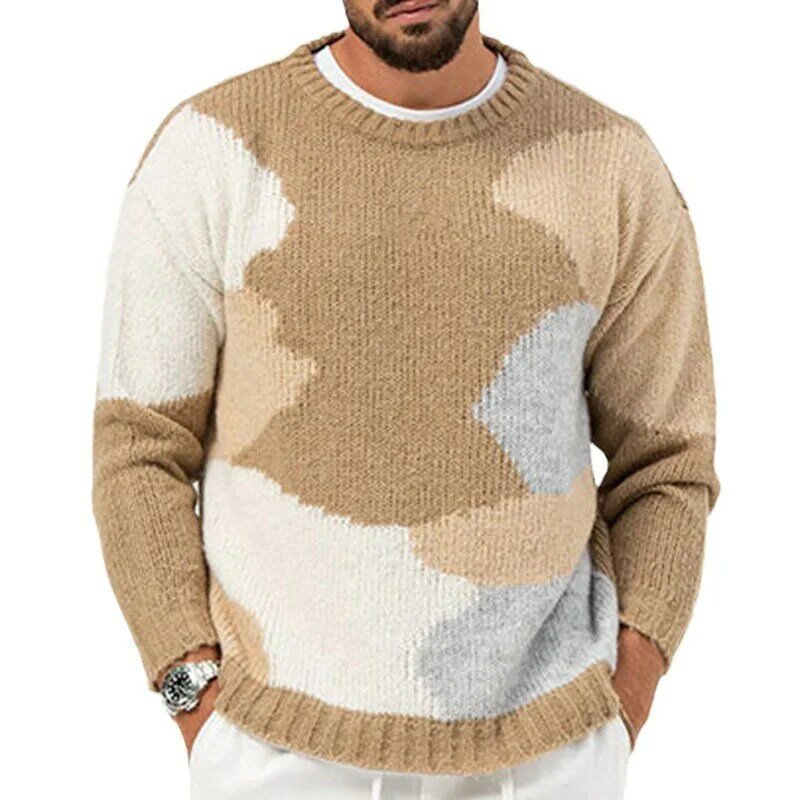 Модный вязаный свитер контрастных цветов, мужские повседневные свободные трикотажные топы с длинным рукавом и круглым вырезом, мужские свитера для отдыха на осень и зиму