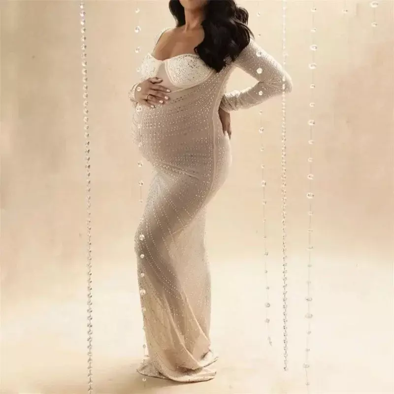 فستان التصوير الفوتوغرافي للأم للمرأة الحامل ، بلورات لامعة ، ملاصق للجسم طويل ، شبكة ، تصوير الحمل ، مثير