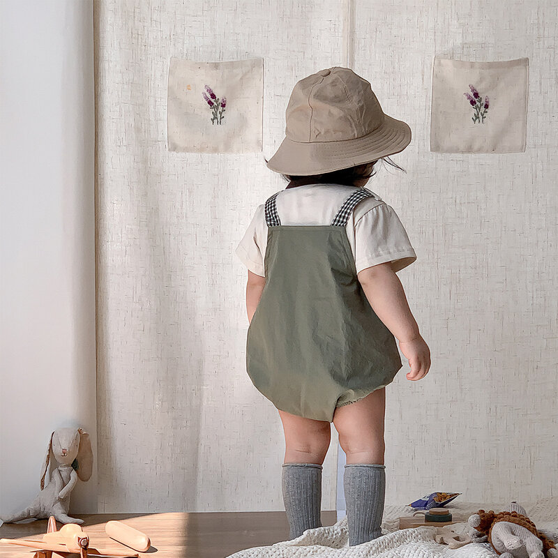 한국 여름 아기 소년 의류 세트, 코튼 반팔 티셔츠, 격자 무늬 스트랩 포켓, 얇은 작업복, 세트 유아 소년 복장, 2 개
