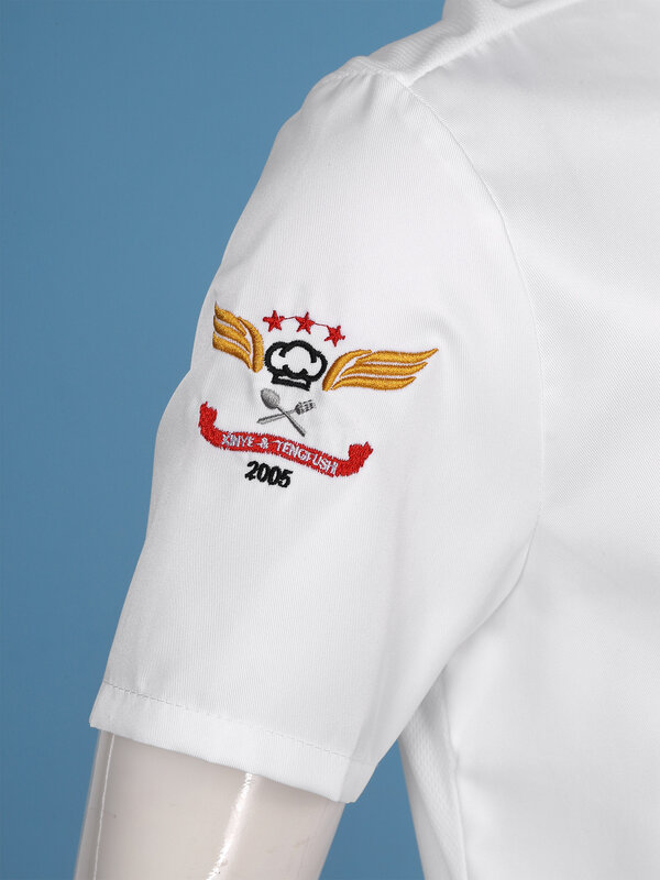 Mems-abrigo de Chef de manga corta bordado para mujer, chaqueta con cuello alto, doble botonadura, uniforme de cocina con bolsillos
