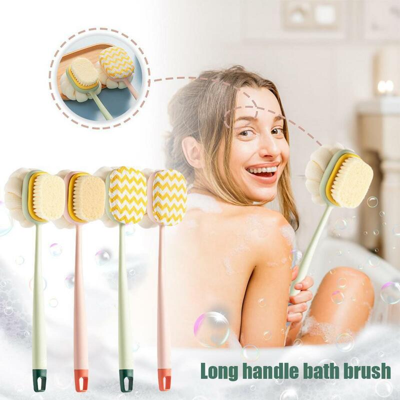Escova de banho macia do cabelo do punho longo, limpeza lateral dobro do Rub, escova do chuveiro, purificador traseiro, ferramenta esfoliante, alargamento esponja, 1pc