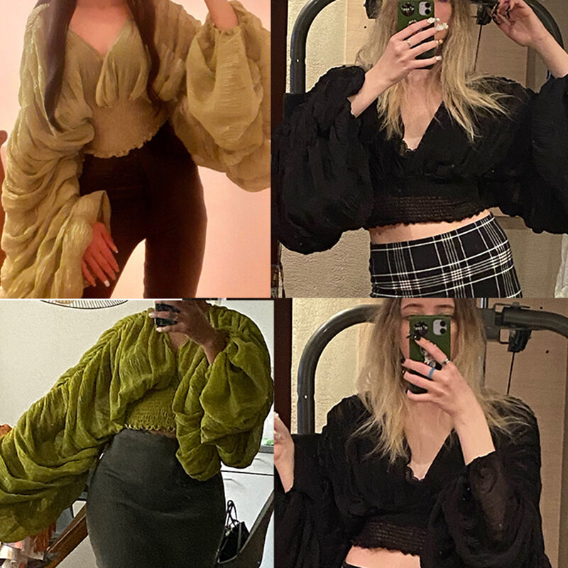 Женская сексуальная шифоновая короткая блузка, женская прозрачная блузка с супер длинным рукавом, фиолетовые/зеленые/черные/белые вечерние чные топы со складками, новинка 2022