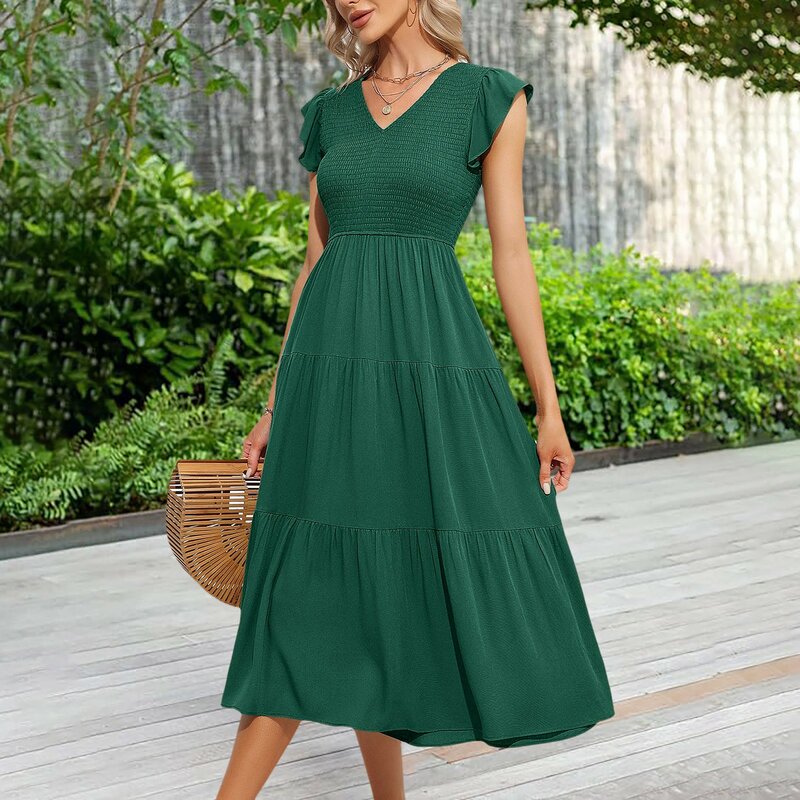 Damen Sommer lässig flattern Kurzarm Rundhals ausschnitt gekleidet elastische Taille abgestufte Midi-Kleid Damen kleider