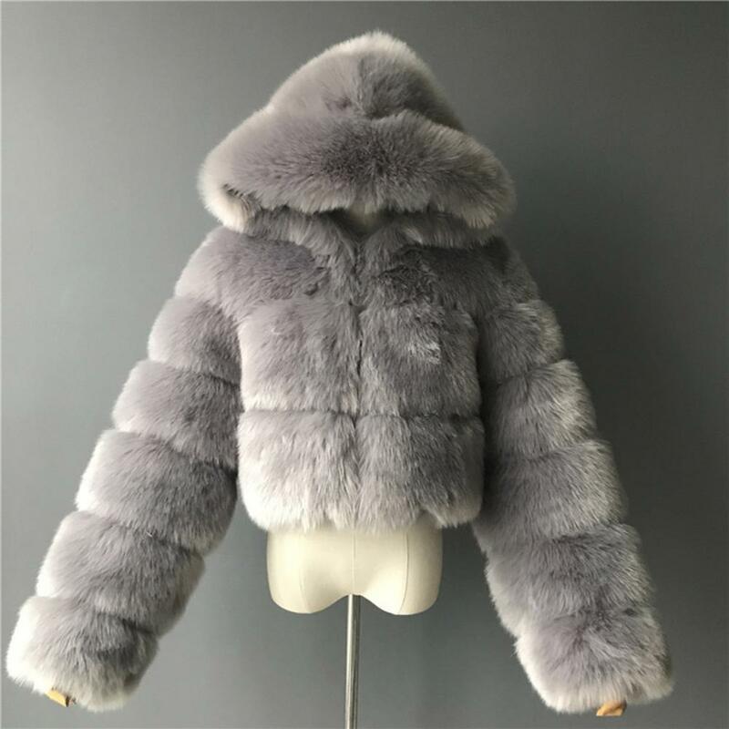 Women Cropped Coat Warm Winter Faux Fur Cozy Plush Fluffy Long Sleeve Hooded Lady Jacket with Hooded casacos de inverno feminino