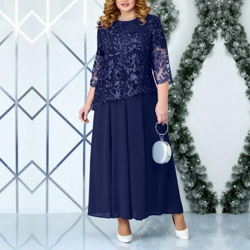 Chiffon Dress Elegant Plus Size Maxi Dress with Flower Embroidery Lace Detail Three Quarter Sleeve O Neck Fake Two-piece Women's