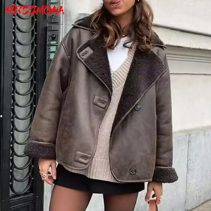 MNCCMOAA 2023 Winter High Quality Women's New Vintage Thick Faux Leather Lambswool Jacket Coat Casual Pocket Warm Outwear Female